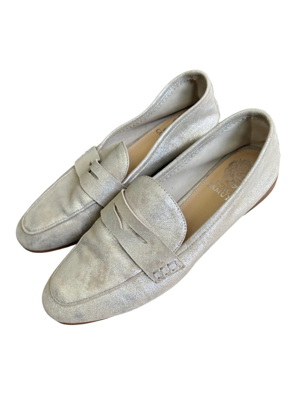Vince Camuto Macinda Silver Sparkling Suede Leather Penny Loafers Sz 7.5